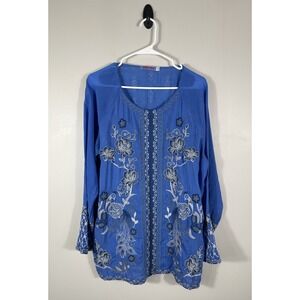 Johnny Was Lauren Blouse Womens Large Marine Blue Floral Embroidered Tunic Boho